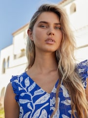Blue/White Ruffle Sleeve V-Neck Linen Blend Summer Dress - Image 4 of 6