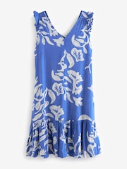 Blue/White Ruffle Sleeve V-Neck Linen Blend Summer Dress - Image 5 of 6