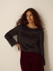 Monsoon Black Tessa Long Sleeve Fringe Top - Image 1 of 5