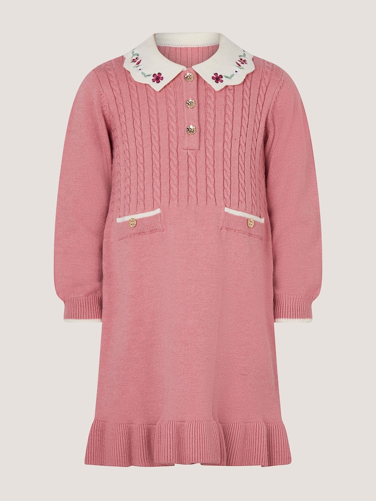 Monsoon Pink Baby Embroidered Cable Knit Dress - Image 1 of 3 Monsoon Pink Baby Embroidered Cable Knit Dress - Image 1 of 3