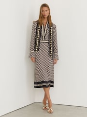 Reiss Navy/Gold Yara Petite Scarf-Print Tie-Neck Midi Dress - Image 1 of 10