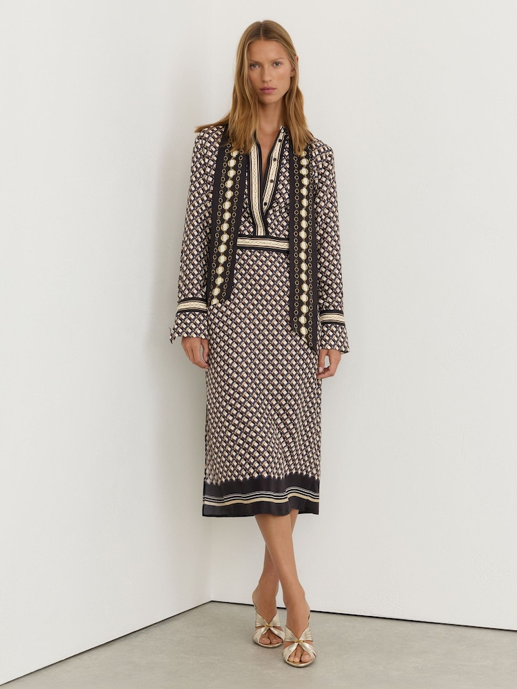 Reiss Navy/Gold Yara Petite Scarf-Print Tie-Neck Midi Dress - Image 1 of 10 Reiss Navy/Gold Yara Petite Scarf-Print Tie-Neck Midi Dress - Image 1 of 10