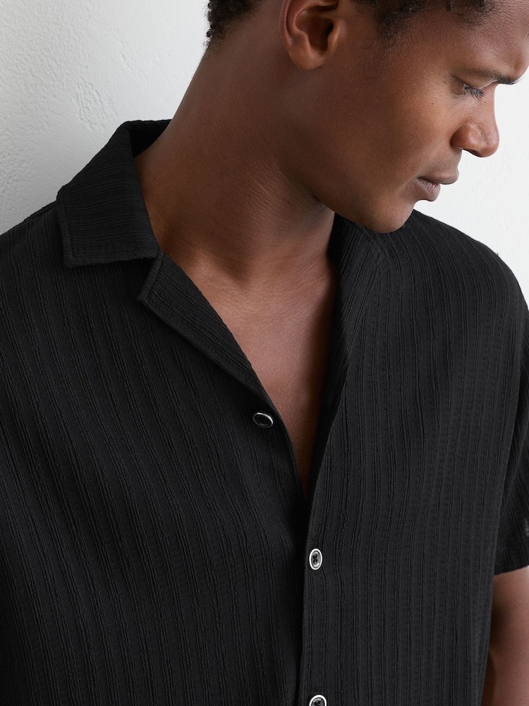 Reiss Black Griff Textured Stripe Cuban-Collar Shirt - Image 1 of 7