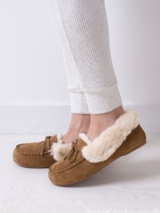 Totes Brown Isotoner Ladies Genuine Suede Moccasin with Faux Fur Lining - Image 1 of 5