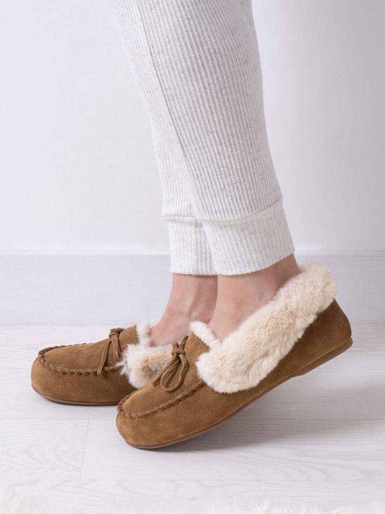 Totes Brown Isotoner Ladies Genuine Suede Moccasin with Faux Fur Lining - Image 1 of 5