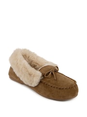 Totes Brown Isotoner Ladies Genuine Suede Moccasin with Faux Fur Lining - Image 3 of 5