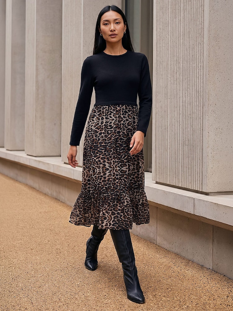 Roman Brown 2 in 1 Animal Print Stretch Midi Dress - Image 1 of 4 Roman Brown 2 in 1 Animal Print Stretch Midi Dress - Image 1 of 4