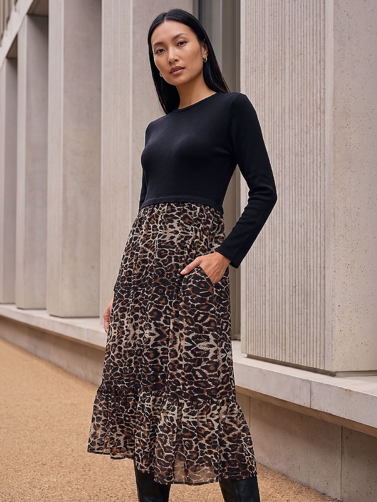 Roman Brown 2 in 1 Animal Print Stretch Midi Dress - Image 2 of 4 Roman Brown 2 in 1 Animal Print Stretch Midi Dress - Image 2 of 4