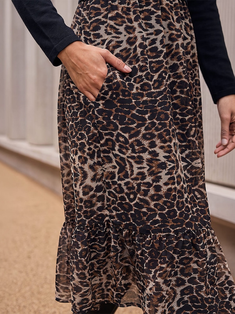 Roman Brown 2 in 1 Animal Print Stretch Midi Dress - Image 4 of 4 Roman Brown 2 in 1 Animal Print Stretch Midi Dress - Image 4 of 4