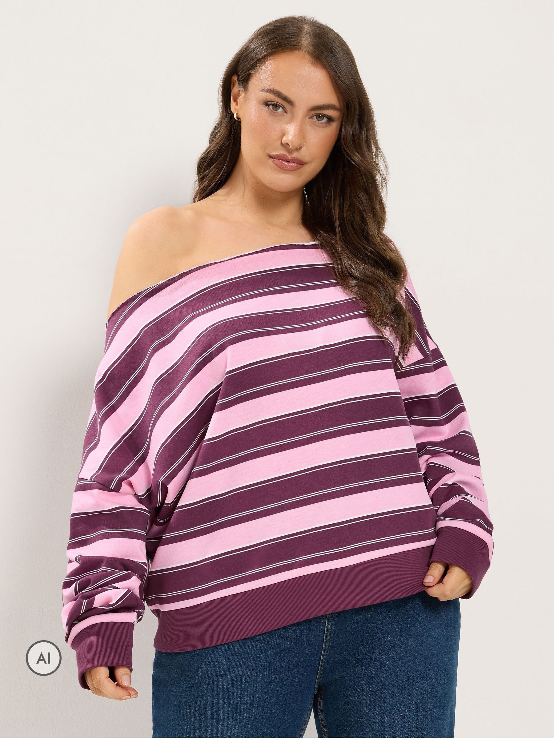 Yours Women's Plum Stripe Off-Shoulder Sweatshirt In | : 30/32 - Image 6