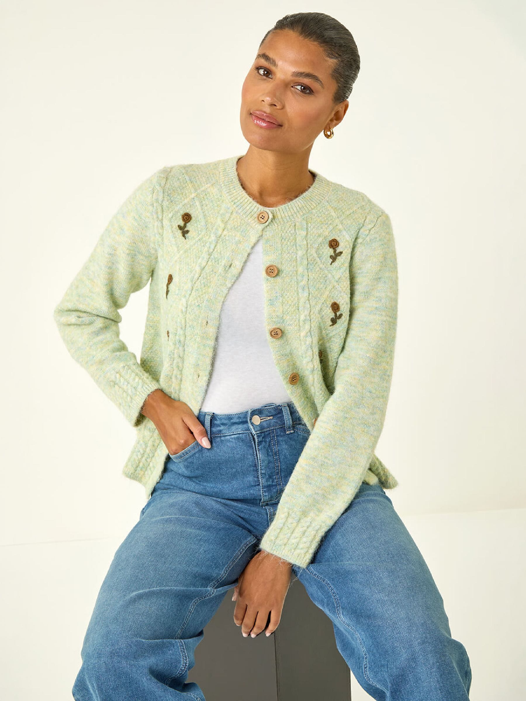 Roman Women's Green Embroidered Floral Knit Cardigan - Image 1