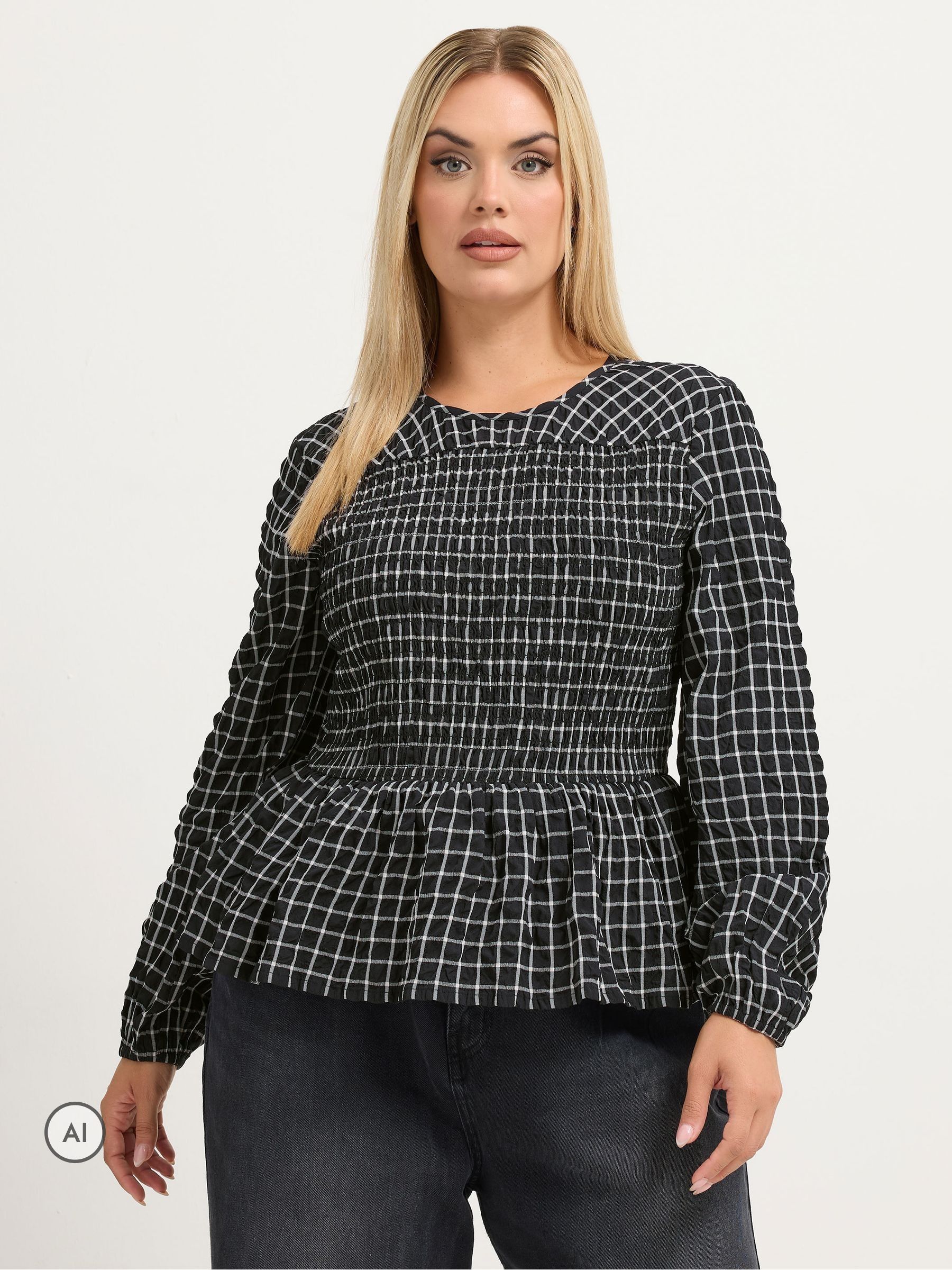 Yours Curve Women's Black Limited Checked Shirred Blouse - Image 1