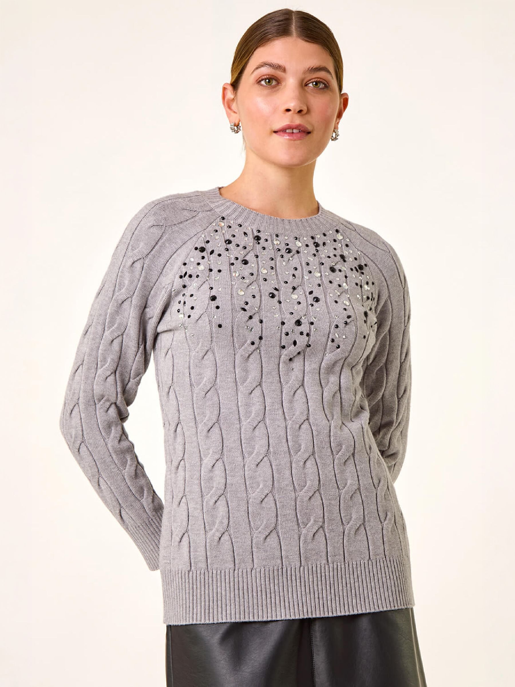 Roman Grey Embellished Cable Knit Jumper - Image 3