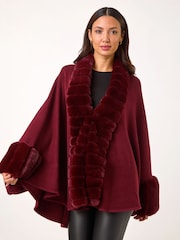 Roman Red Faux Fur Trim Knitted Poncho - Image 2 of 4