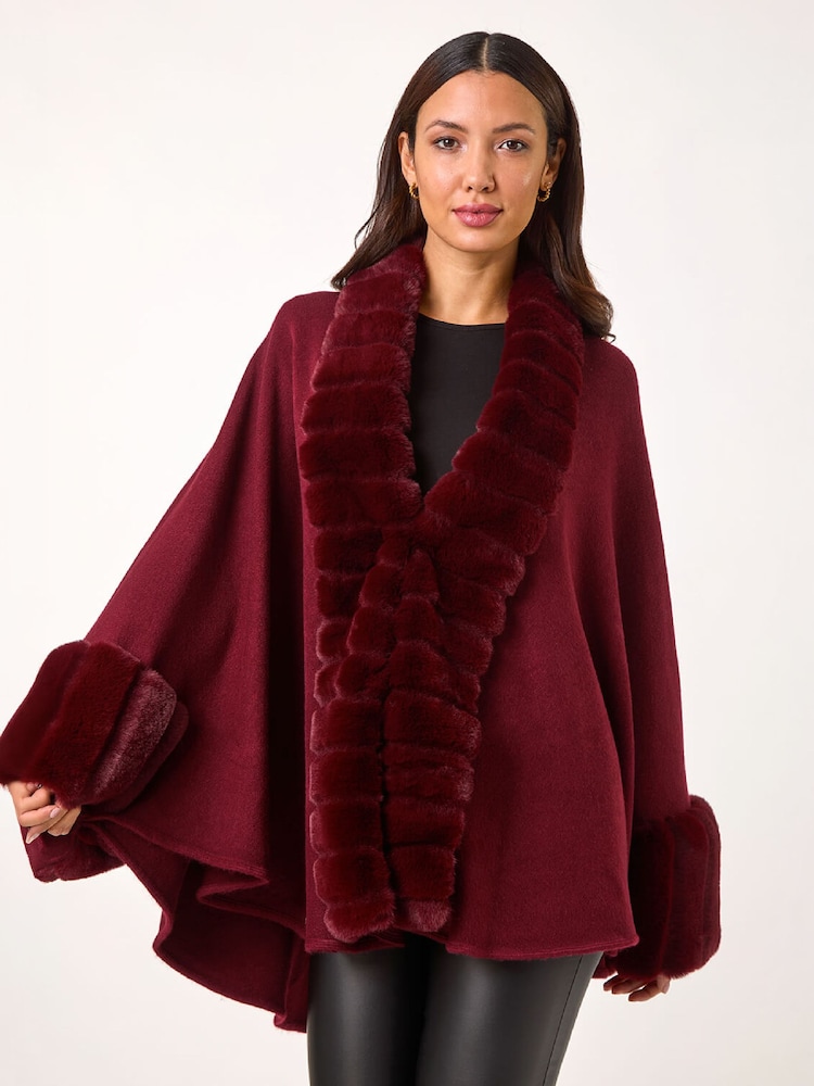 Roman Red Faux Fur Trim Knitted Poncho - Image 2 of 4 Roman Red Faux Fur Trim Knitted Poncho - Image 2 of 4