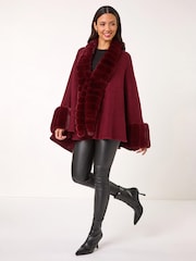 Roman Red Faux Fur Trim Knitted Poncho - Image 3 of 4