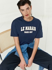 Navy Blue Le Marais Paris City Graphic Short Sleeve Crew Neck Top - Image 1 of 7
