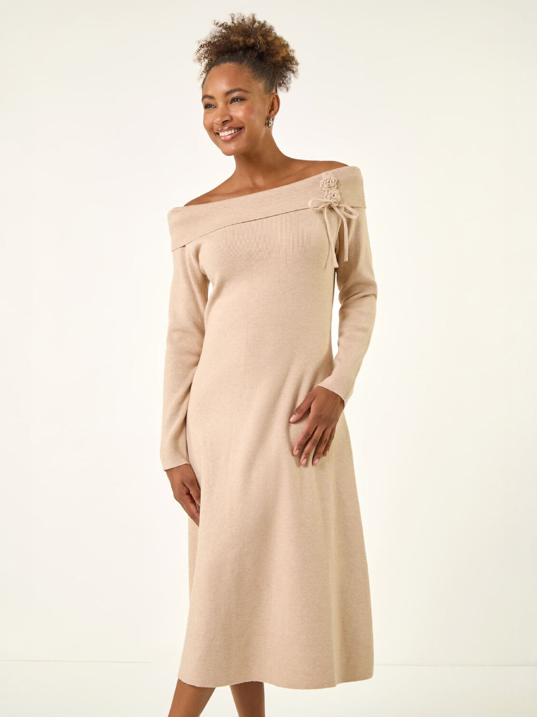 Roman Women's Beige Floral Bardot Knit Midi Dress In | Size: 20 - Image 3