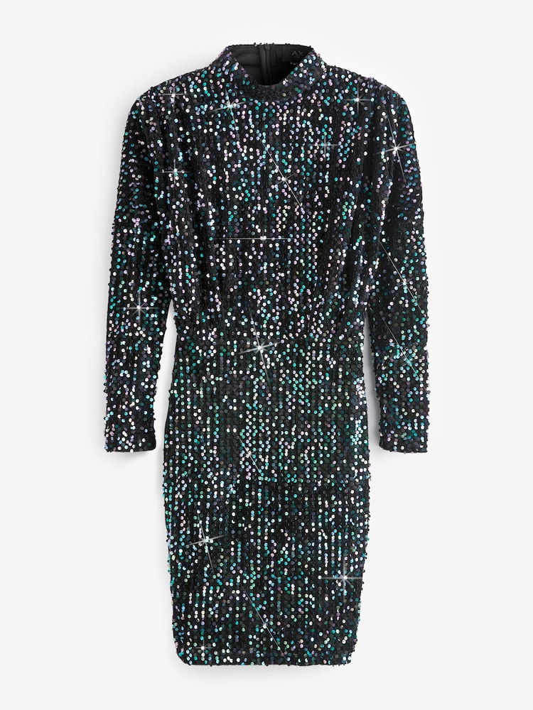 AX Paris Sequin Velvet High Neck Long Sleeve Mini Black Dress - Image 5 of 5