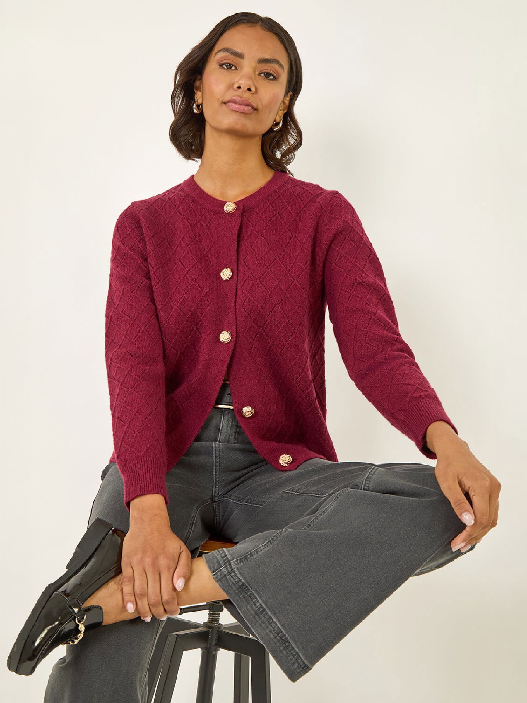 Roman Women's Burgundy Cable Knit Buttoned Cardigan In | Size: 20 - Image 2