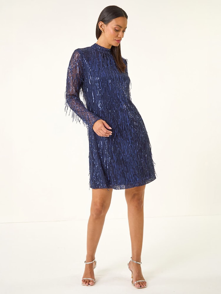 Roman Blue All Over Fringe Shift Dress - Image 1 of 4 Roman Blue All Over Fringe Shift Dress - Image 1 of 4