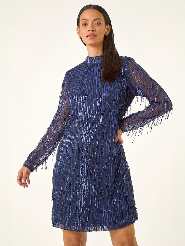Roman Blue All Over Fringe Shift Dress - Image 4 of 4 Roman Blue All Over Fringe Shift Dress - Image 4 of 4
