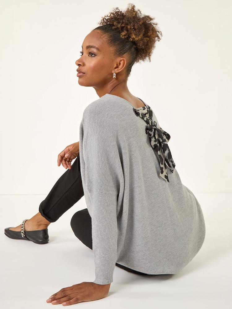 Roman Grey Animal Print Eyelet Back Knit Jumper - Image 1 of 4 Roman Grey Animal Print Eyelet Back Knit Jumper - Image 1 of 4