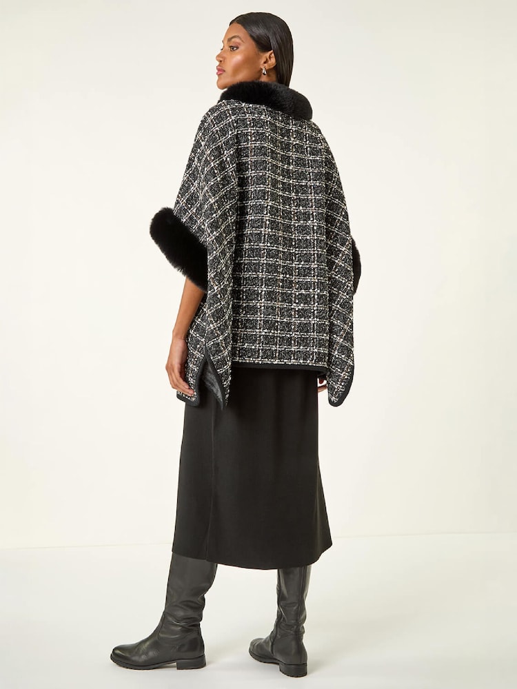 Roman Faux Xəz Jakarlı Trikotaj Panço - 4şəkildən 4 şəkil