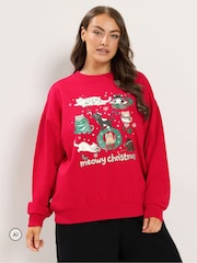 Yours Curve 'Meowy Christmas' Glitter Cats Sweatshirt - 6şəkildən 1 şəkil