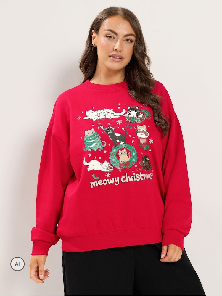 Yours Curve 'Meowy Christmas' Glitter Cats Sweatshirt - 6şəkildən 1 şəkil