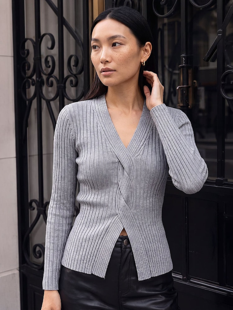Roman Grey Cable Split Detail Rib Jumper - Image 1 of 4