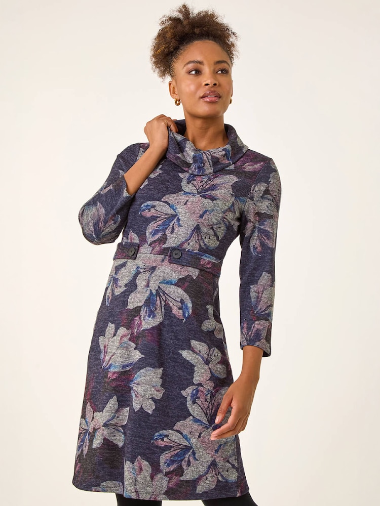 Roman Purple Floral Cowl Neck Tab Dress - Image 1 of 4 Roman Purple Floral Cowl Neck Tab Dress - Image 1 of 4