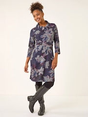 Roman Purple Floral Cowl Neck Tab Dress - Image 2 of 4