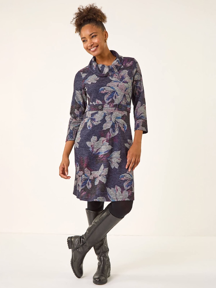 Roman Purple Floral Cowl Neck Tab Dress - Image 2 of 4 Roman Purple Floral Cowl Neck Tab Dress - Image 2 of 4