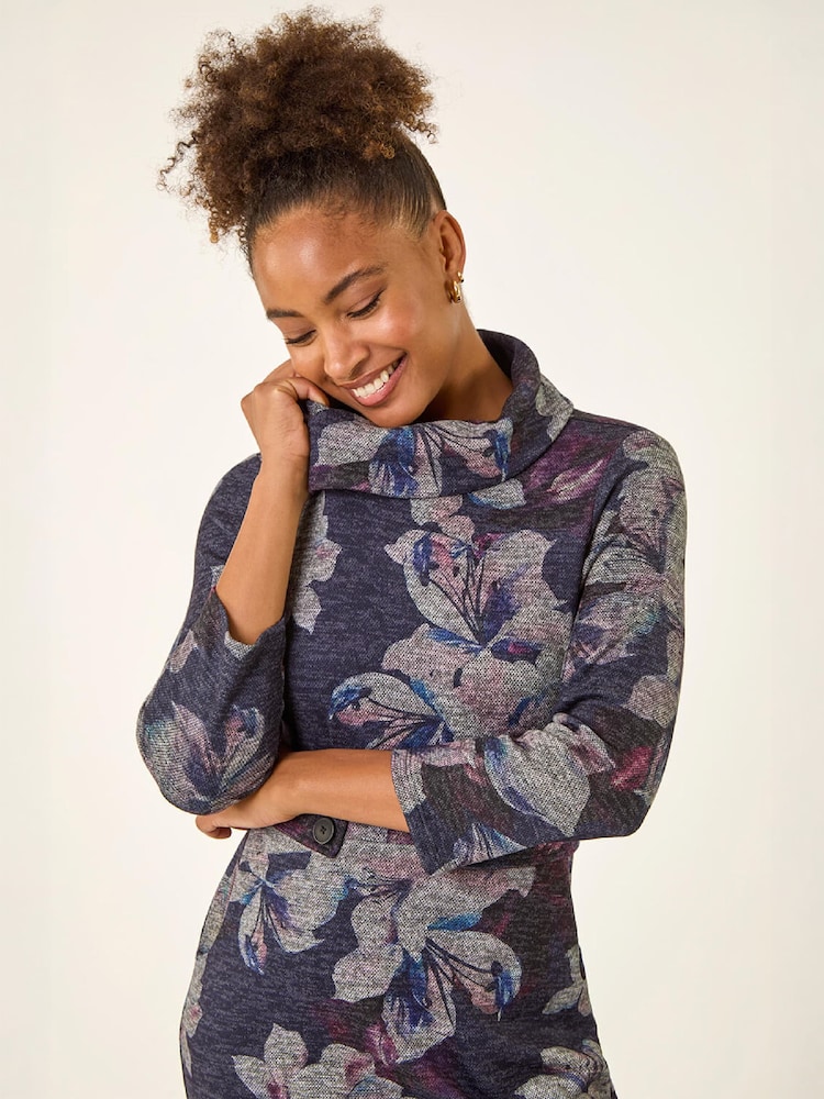 Roman Purple Floral Cowl Neck Tab Dress - Image 4 of 4 Roman Purple Floral Cowl Neck Tab Dress - Image 4 of 4