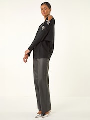 Roman Black Bow Sleeve V-Neck Knit Poncho - Image 2 of 4