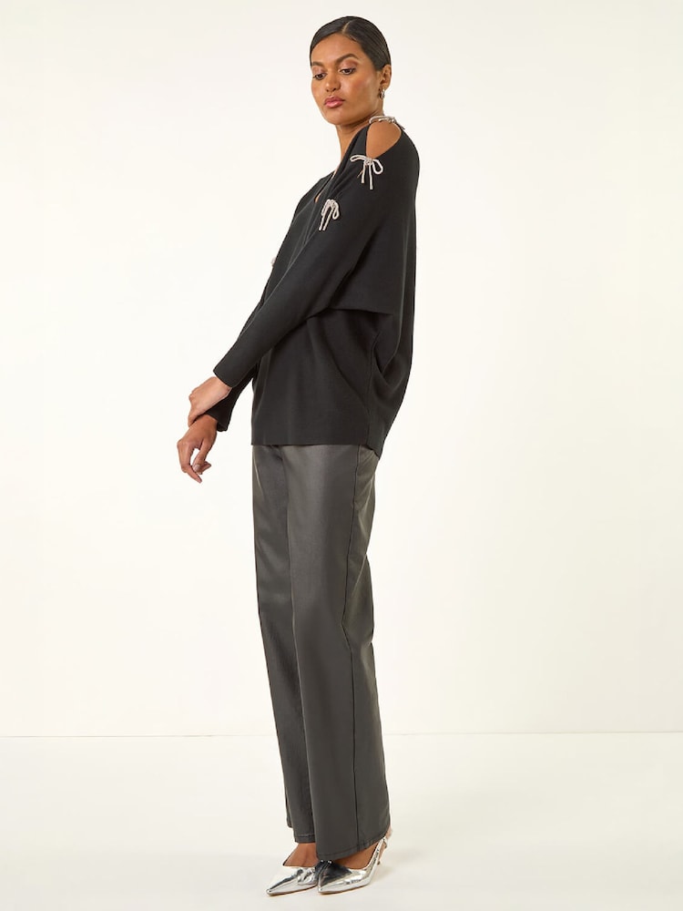 Roman Black Bow Sleeve V-Neck Knit Poncho - Image 2 of 4 Roman Black Bow Sleeve V-Neck Knit Poncho - Image 2 of 4