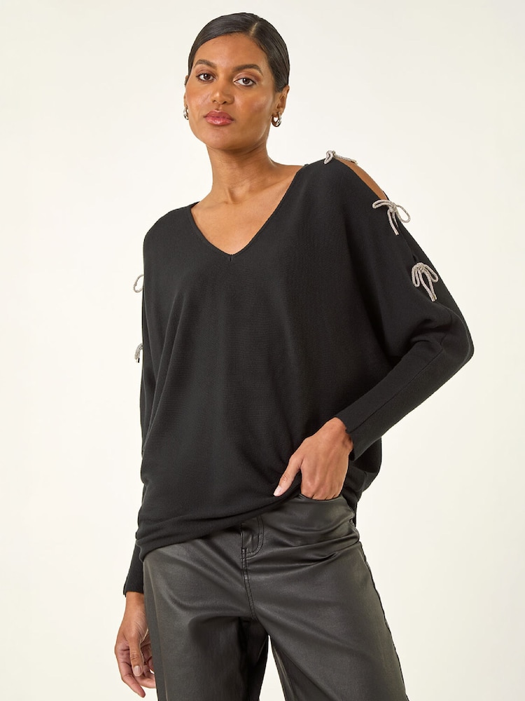 Roman Black Bow Sleeve V-Neck Knit Poncho - Image 4 of 4 Roman Black Bow Sleeve V-Neck Knit Poncho - Image 4 of 4