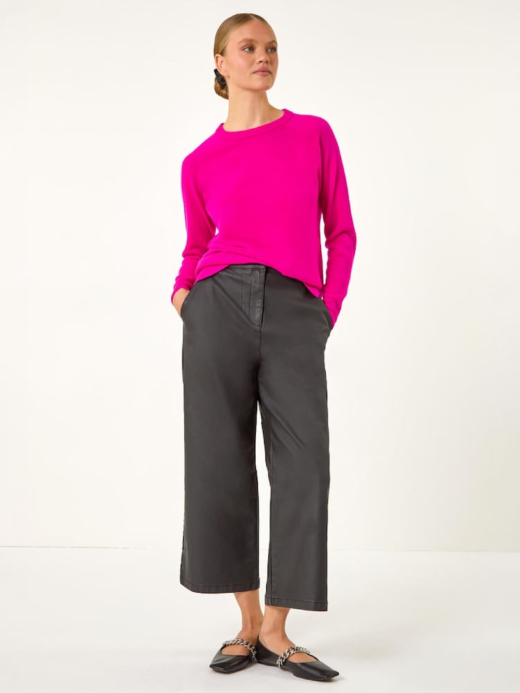 Roman Black Coated Wide Leg Cropped Trousers - Image 2 of 4 Roman Black Coated Wide Leg Cropped Trousers - Image 2 of 4