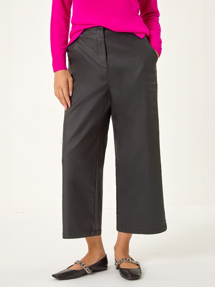 Roman Black Coated Wide Leg Cropped Trousers - Image 4 of 4 Roman Black Coated Wide Leg Cropped Trousers - Image 4 of 4