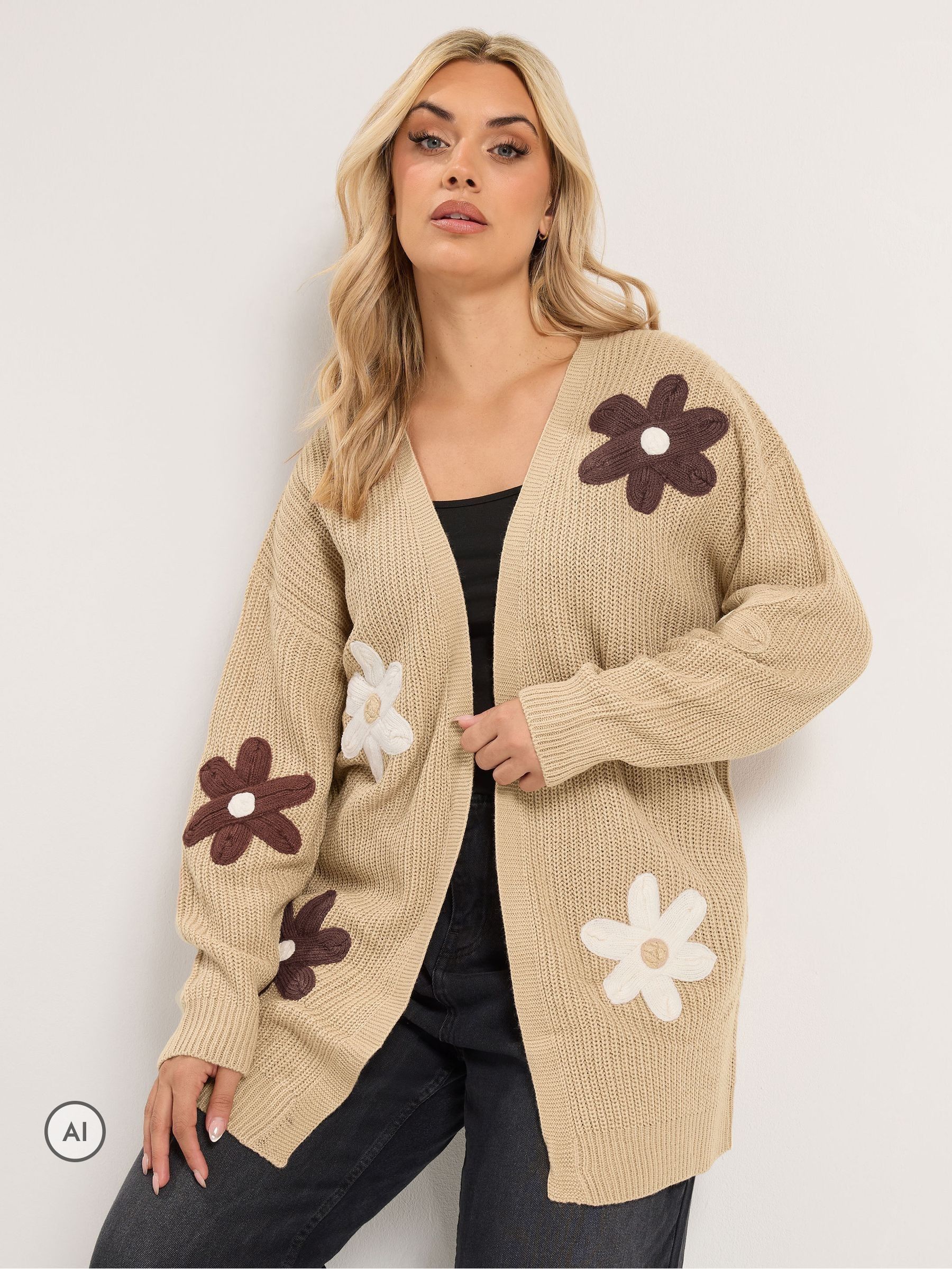Yours Women's Natural Curve Brown 3D Floral Midi Cardigan - Plus Size Curve - Image 3