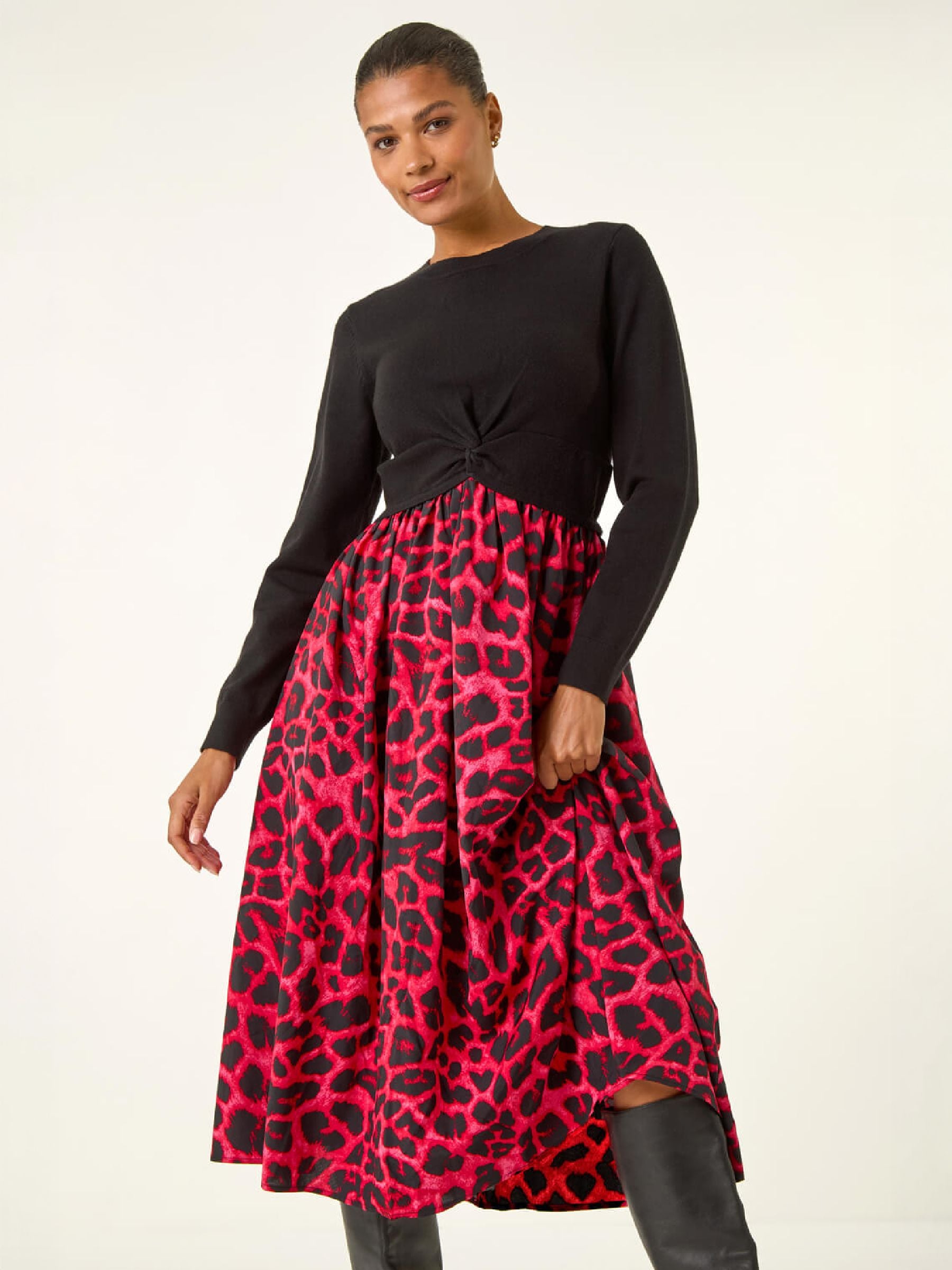 Roman Women's Red Animal Print Twist Front Midi Dress In | Size: 20 - Image 2