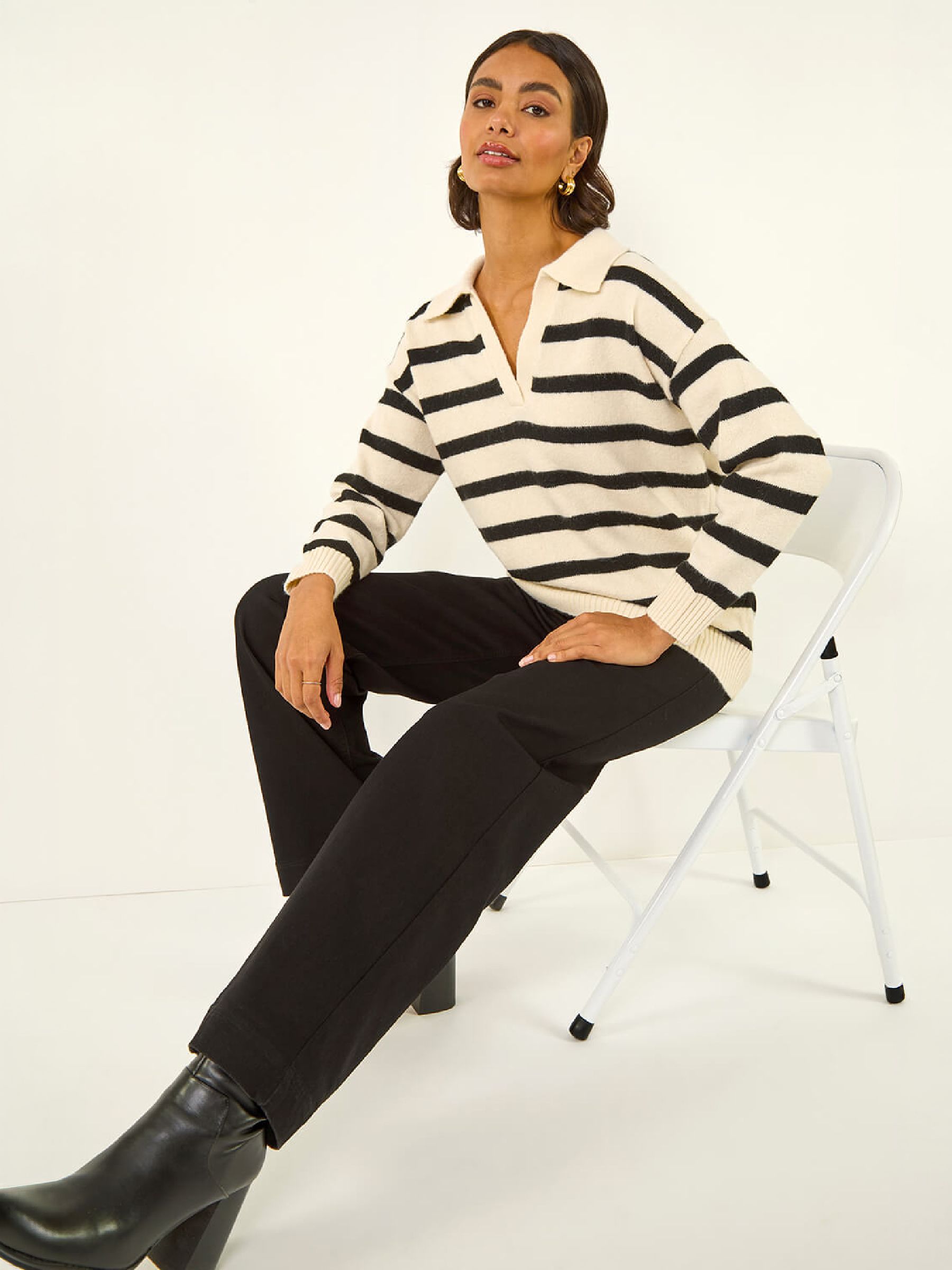 Roman Women's Collar Stripe Knit Jumper in Stone | Size: 16 - Image 2