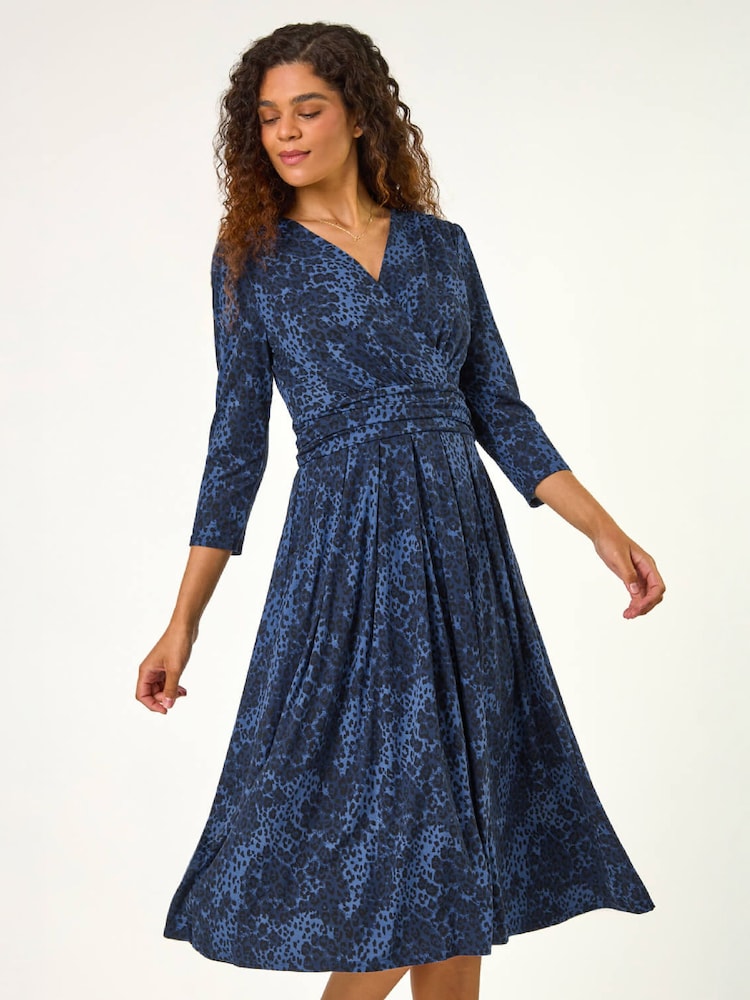 Roman Blue Animal Print Mock Wrap Midi Dress - Image 1 of 4 Roman Blue Animal Print Mock Wrap Midi Dress - Image 1 of 4