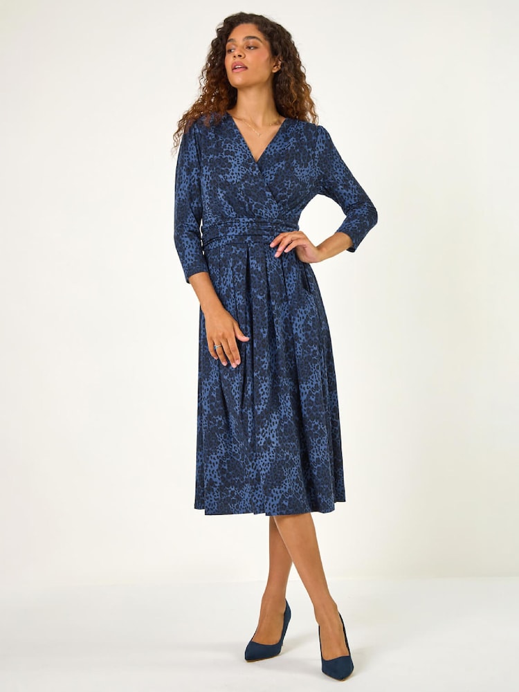 Roman Blue Animal Print Mock Wrap Midi Dress - Image 2 of 4 Roman Blue Animal Print Mock Wrap Midi Dress - Image 2 of 4