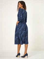 Roman Blue Animal Print Mock Wrap Midi Dress - Image 3 of 4