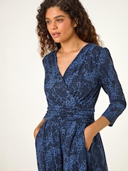 Roman Blue Animal Print Mock Wrap Midi Dress - Image 4 of 4