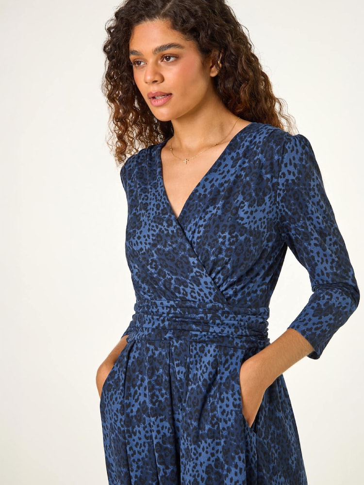 Roman Blue Animal Print Mock Wrap Midi Dress - Image 4 of 4 Roman Blue Animal Print Mock Wrap Midi Dress - Image 4 of 4