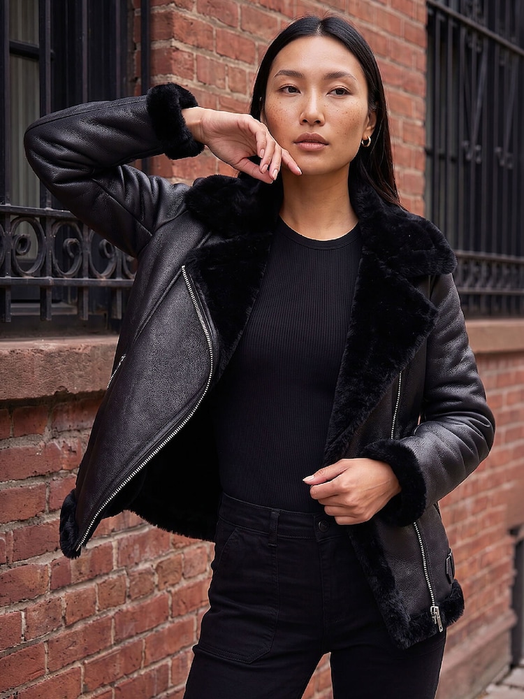 Roman Black Faux Fur Aviator Jacket - Image 1 of 4 Roman Black Faux Fur Aviator Jacket - Image 1 of 4