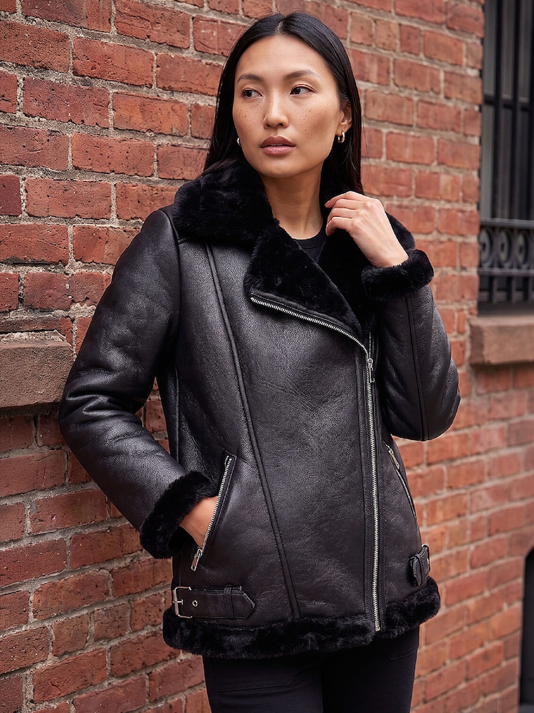 Roman Black Faux Fur Aviator Jacket - Image 2 of 4 Roman Black Faux Fur Aviator Jacket - Image 2 of 4